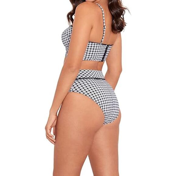 Skinny Dippers Miracle Suit NEW Black White Plaid Corset Two Piece Swim Large - Picture 2 of 16